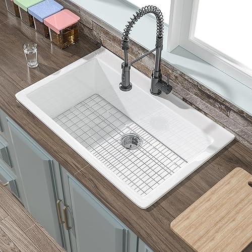 33x22 Drop In Kitchen Sink White 1 Hole, 33 Inch Large Fireclay Drop In Sink Single Bowl, Top Mount, with Custom Accessories 2 Types, for Kitchen