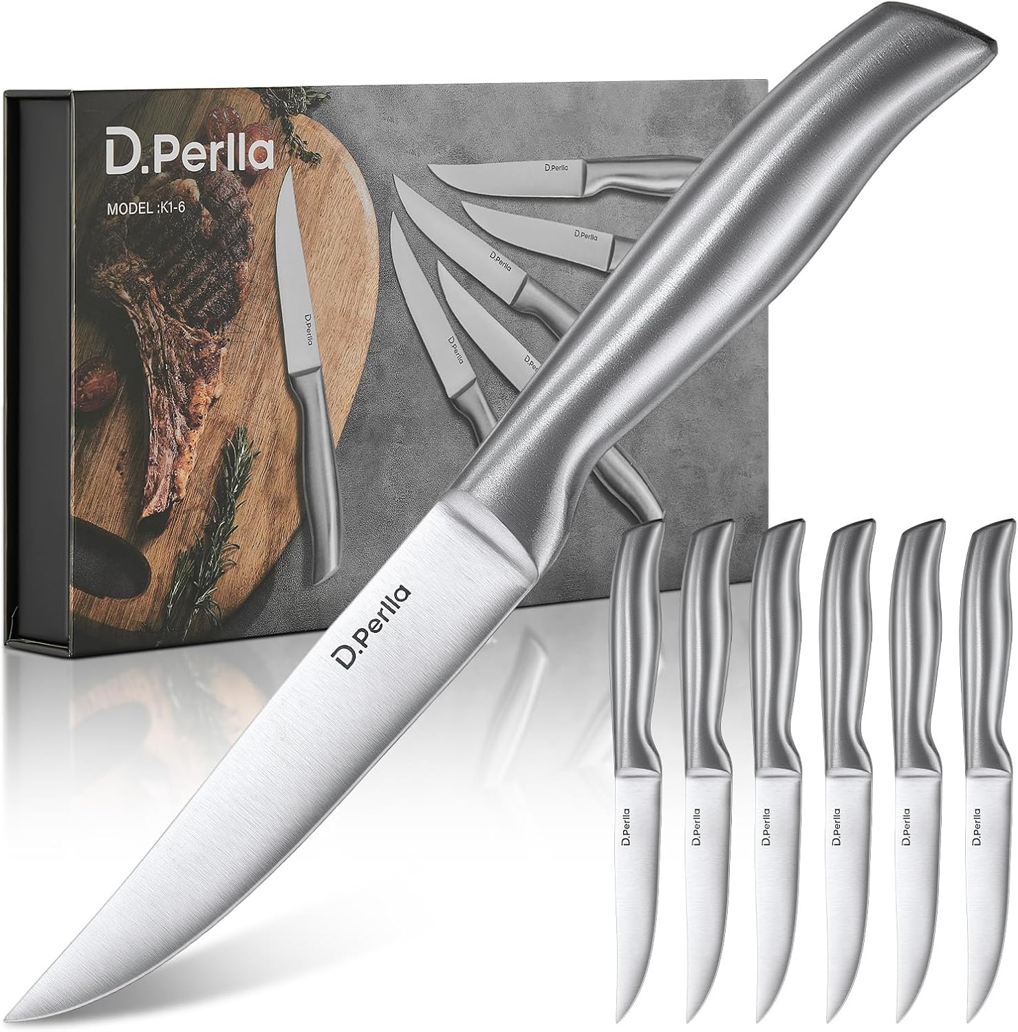 D.Perlla Steak Knives Non-serrated Sharp Straight Edge Steak Knife Set of 6, Professional Straight Edge Kitchen Table Dinner Knives, Elegant High Carbon Stainless Steel Kitchen Steak Knife Set, 4.5IN