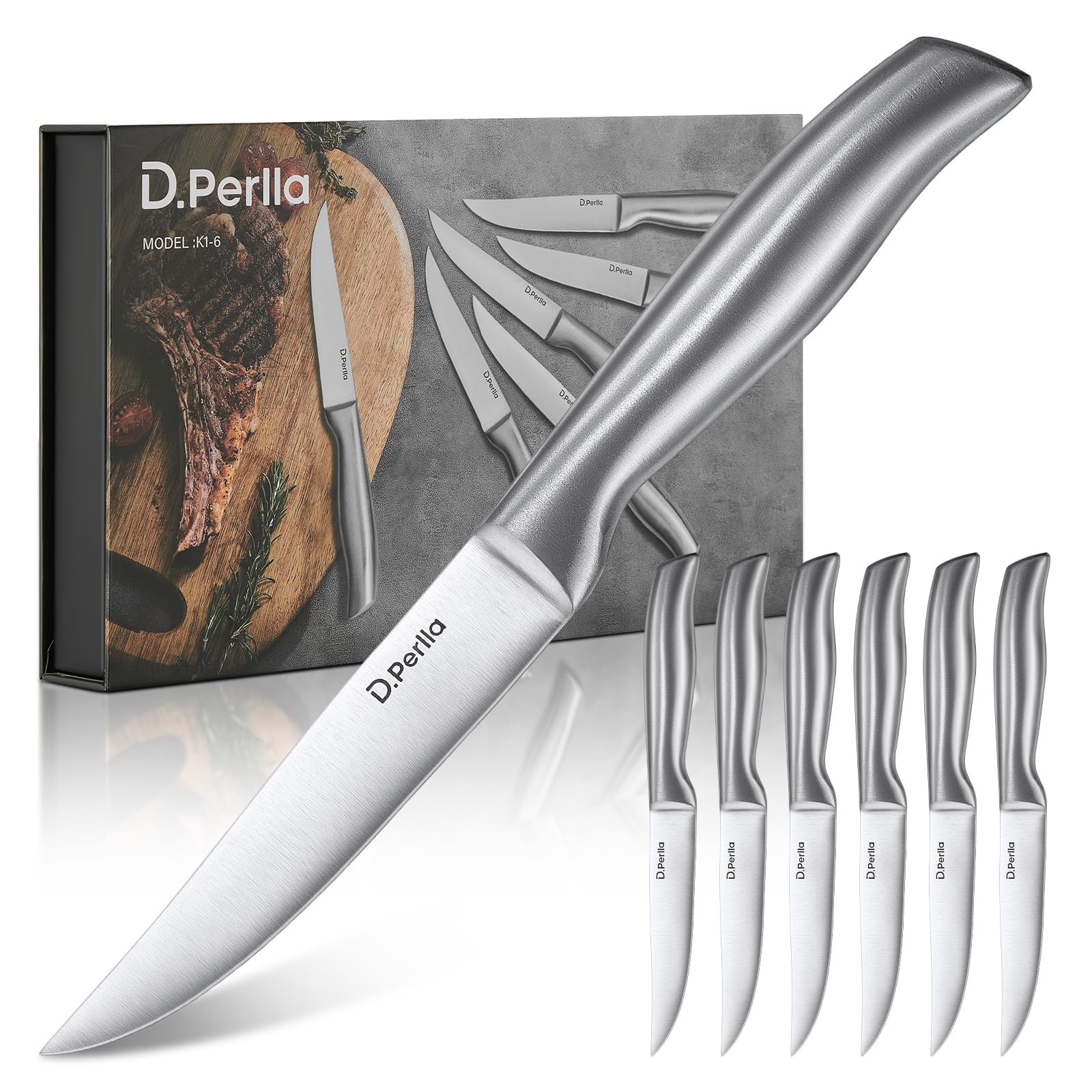 D.Perlla Non-Serrated Steak Knives Set of 6, Stainless Steel Steak Knife Set with Straight Edge, Ergonomic Non-Slip Handle