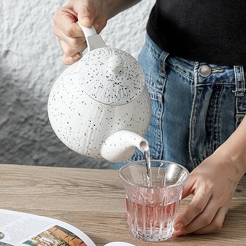 Miniatura 14 de Tetera de cerámica con infusor, tetera de 40 onzas con infusor para té suelto, lo suficientemente grande para 6 tazas, serie a rayas (limón)