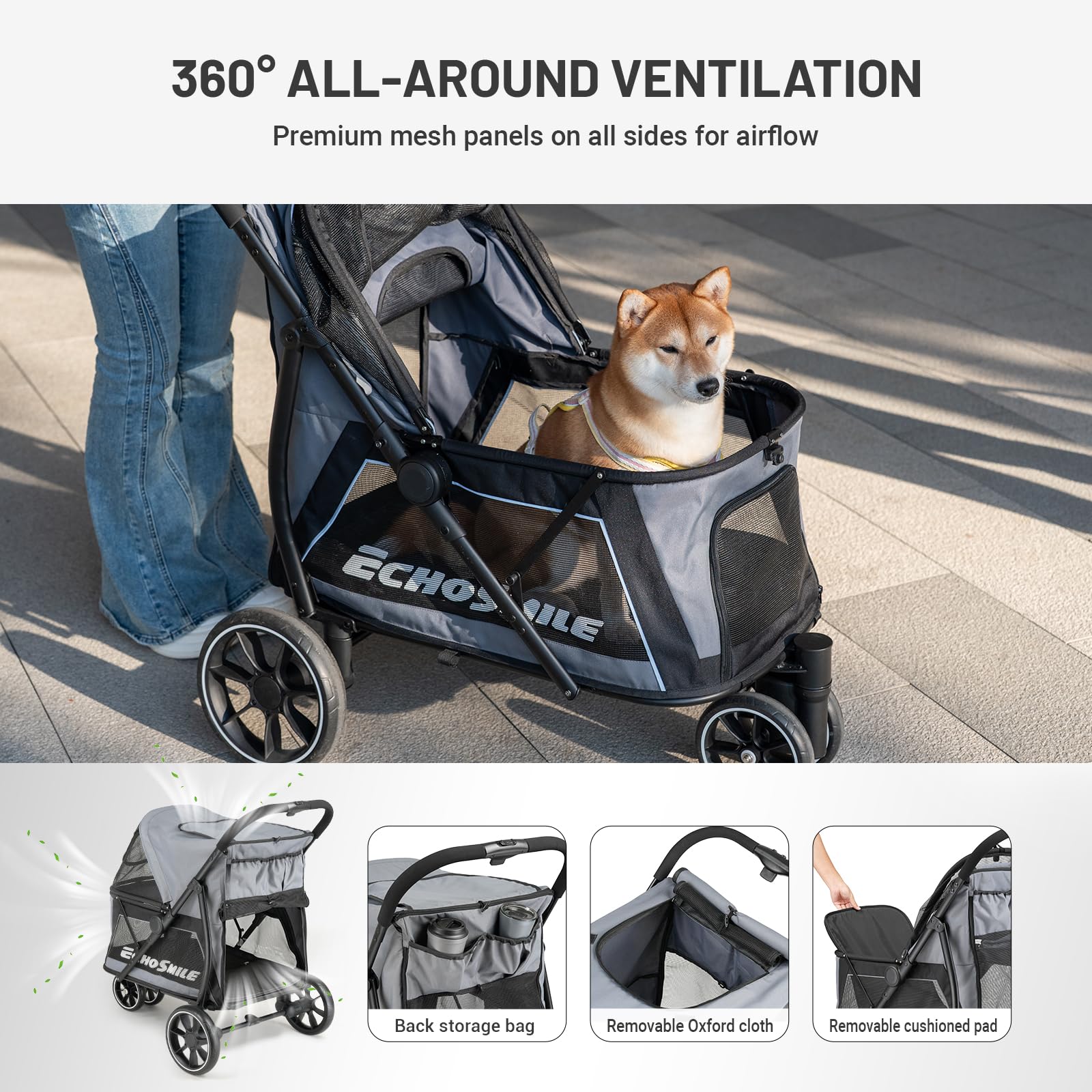 EchoSmile Cochecito para perros medianos y grandes de hasta 40 kg, plegable con ventanas de red, asa ajustable y 3 ruedas todoterreno (gris + negro)