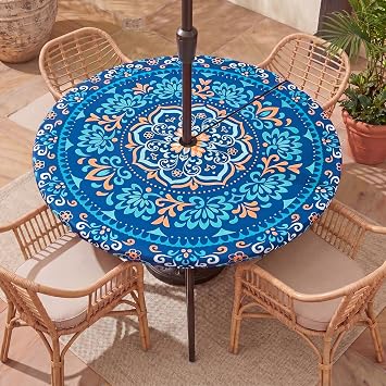 pickyNproud Round Tablecloth with Umbrella Hole and Zipper Table Cover | Waterproof Table Cloth, Fitted Table Cloth With Elastic, Wipeable For Outdoor Patio Umbrella Table, Picnic Garden BBQ