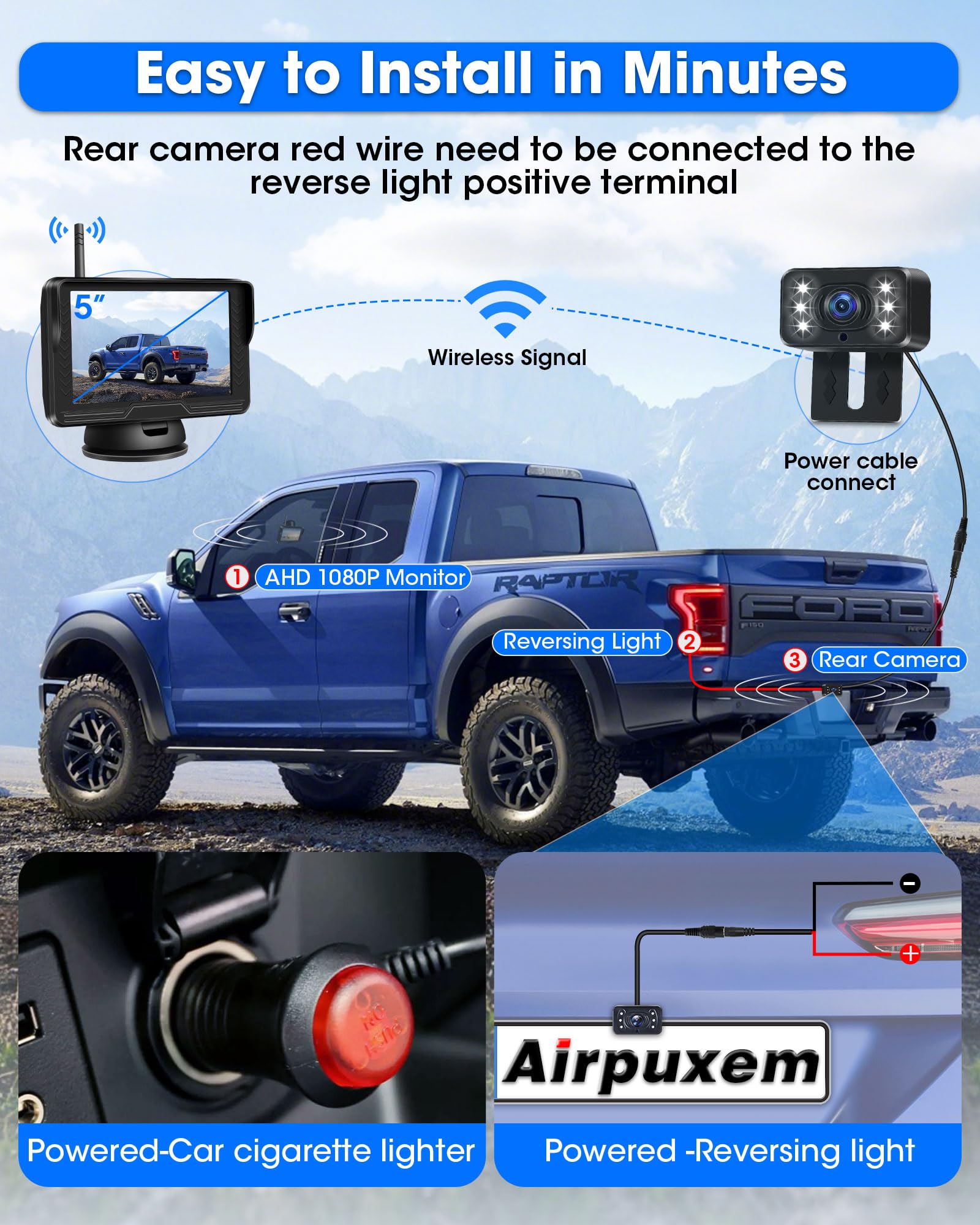 AHD 1080P Rückfahrkamera Kabellos mit 5 Zoll Monitor 6 LED Nachtsicht 170° Weitwinkel DC 12V Auto SUV LKW