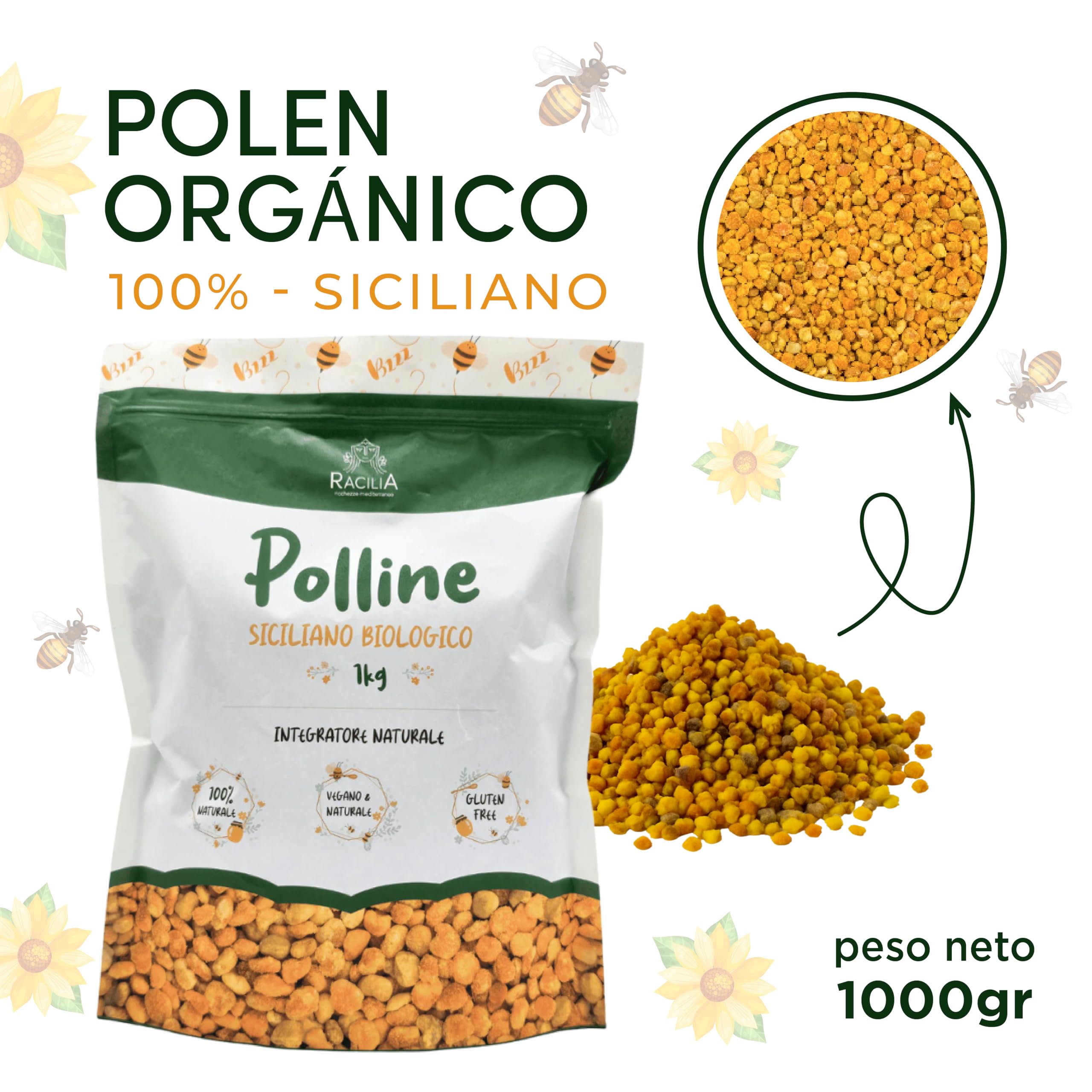 Polen de Agricultura Orgánica - 100% Siciliano, rico en vitaminas, minerales y antioxidantes - Eco-Friendly, sin plaguicidas (1000 gramos)