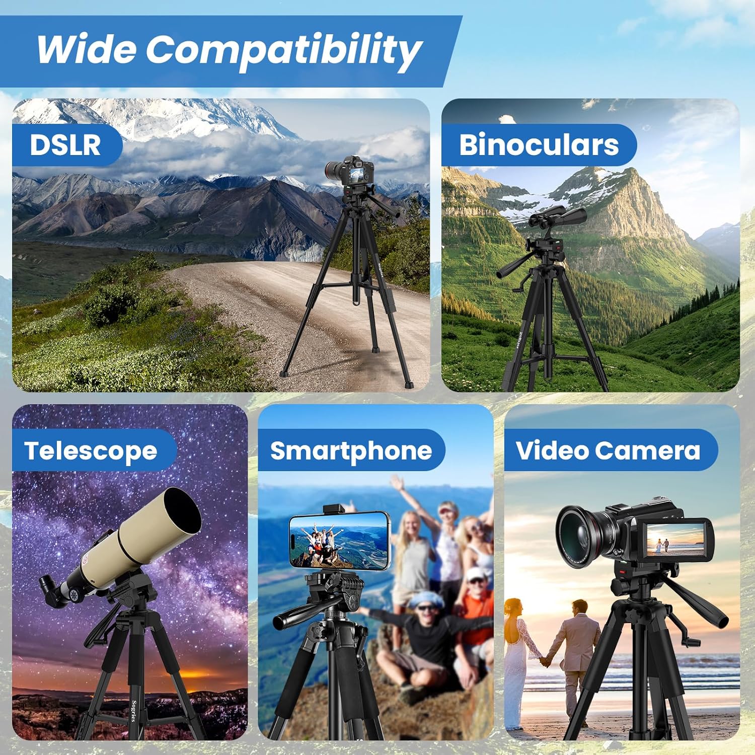 Tripod-60”Camera Tripod,Porfessional Aluminum Lightweight Travel Outdoor Tripods for Camera/DSLR/Cell Phone/Camcorder/Binoculars/Microscope
