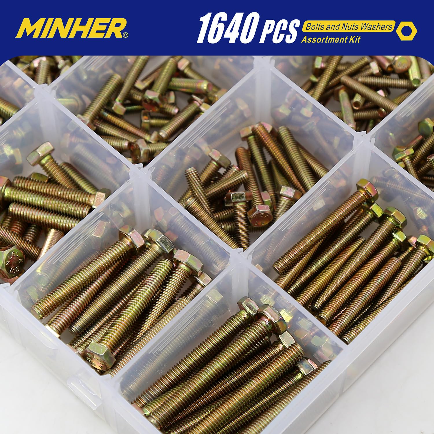 MINHER 1640 Pcs M4 M5 M6 Bullone Esagonale Bulloni e Dadi Rondelle piane e rondelle elastiche set in Acciaio legato di grado 8.8