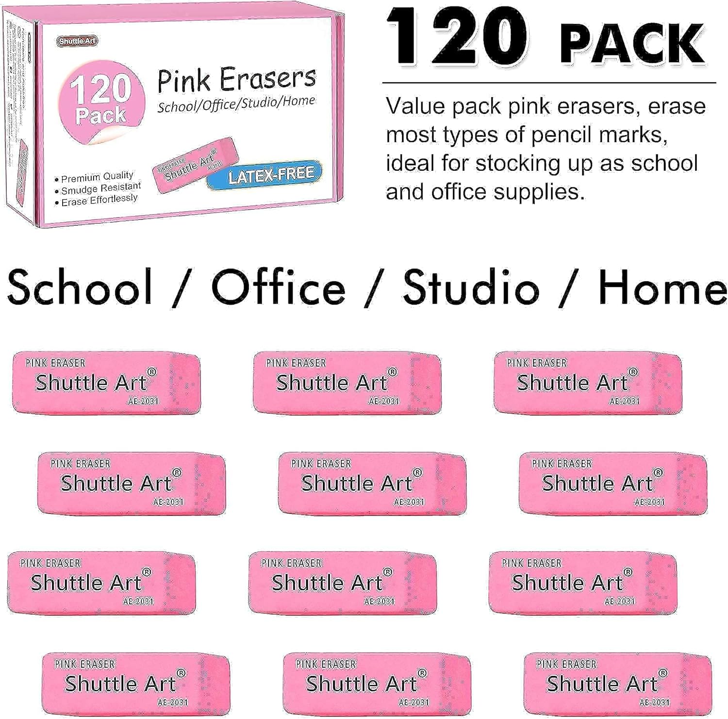 Shuttle Art Pencils and Erasers Bundle, Set of 600 Pack Sharpened Yellow Pencils + 120 Pack Pink Erasers Bulk