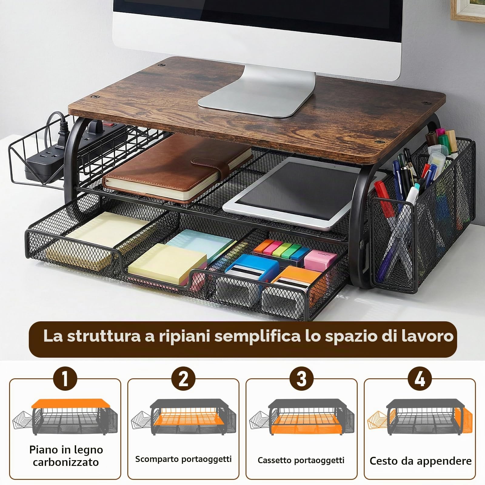 Supporto per Monitor da Scrivania, Supporto per Monitor con Cassetto, Rialzo per Schermo PC, Mensola da Scrivania Supportos, Organizzatore di Archiviazione Desktop per Casa o Ufficio