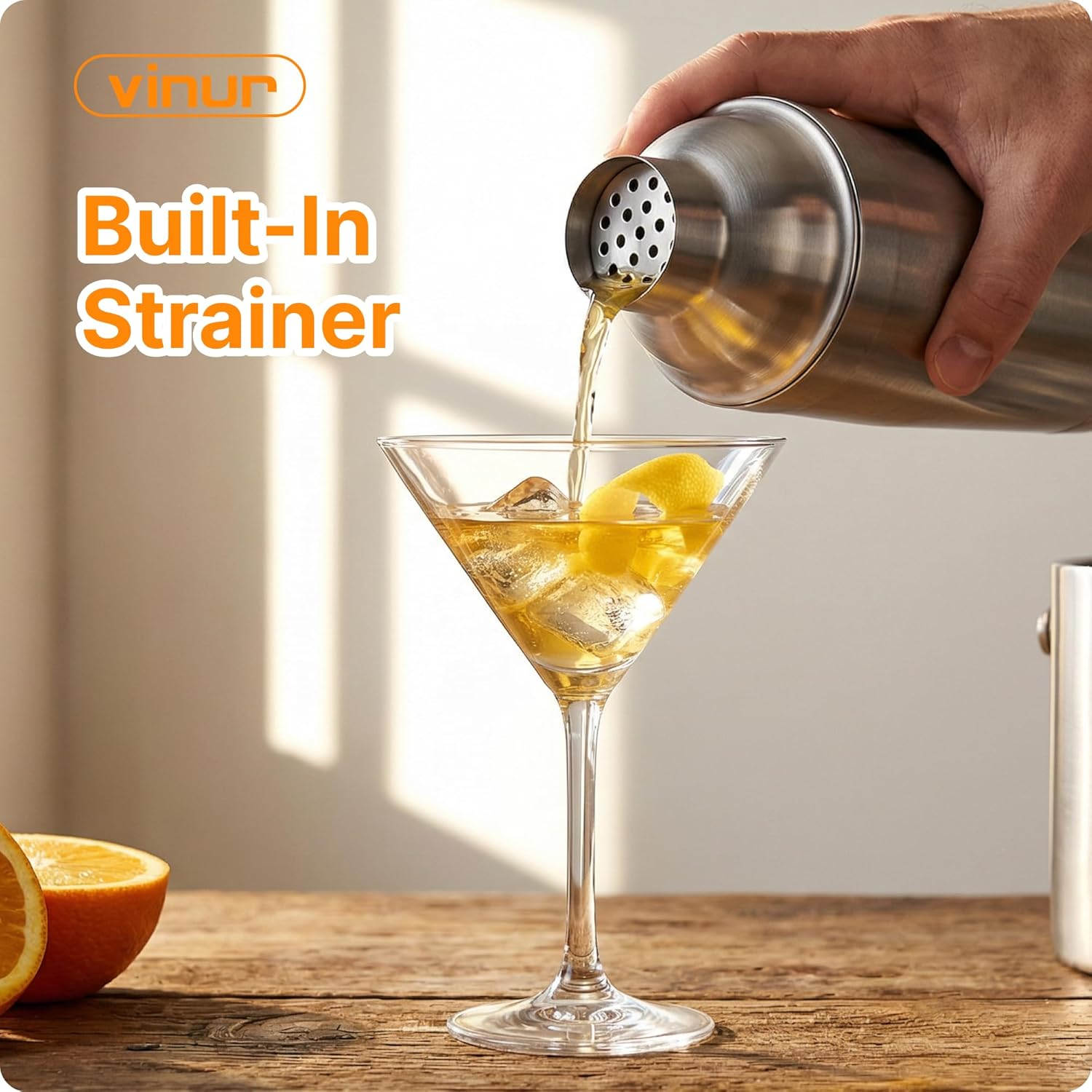 VINUR Cocktail Shaker, 20 oz Stainless Steel Vacuum Insulated Martini Shaker with Built-in Strainer & Jigger Lid for Home Bartender, Gift for Men & Women, Stainless Steel