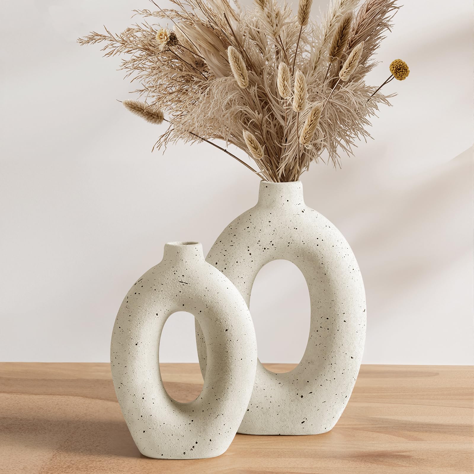 LE TAUCI 26 + 21 cm Ceramic Vases Set of 2, White Hollow Donut Flower Vases, Nordic Decor Decorative Centerpiece for Living Room, Office Table, Shelf, Mantel, Warm Ivory Speckled