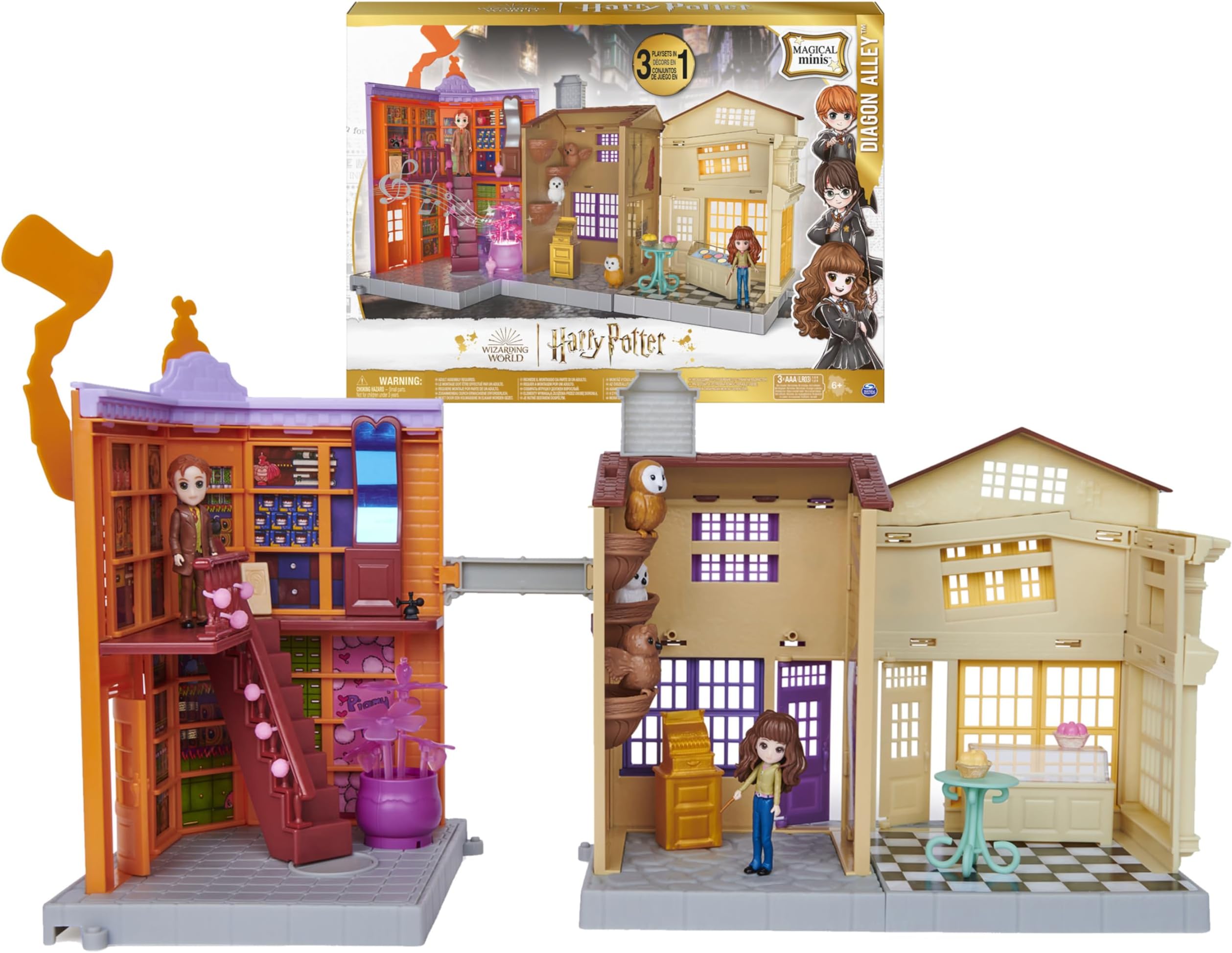 Wizarding World Harry Potter, Magical Minis Diagon Alley 3-in-1 Playset with Lights and Sounds, 2 Figures, 21 Accessories, Kids’ Toys for Ages 6 and up