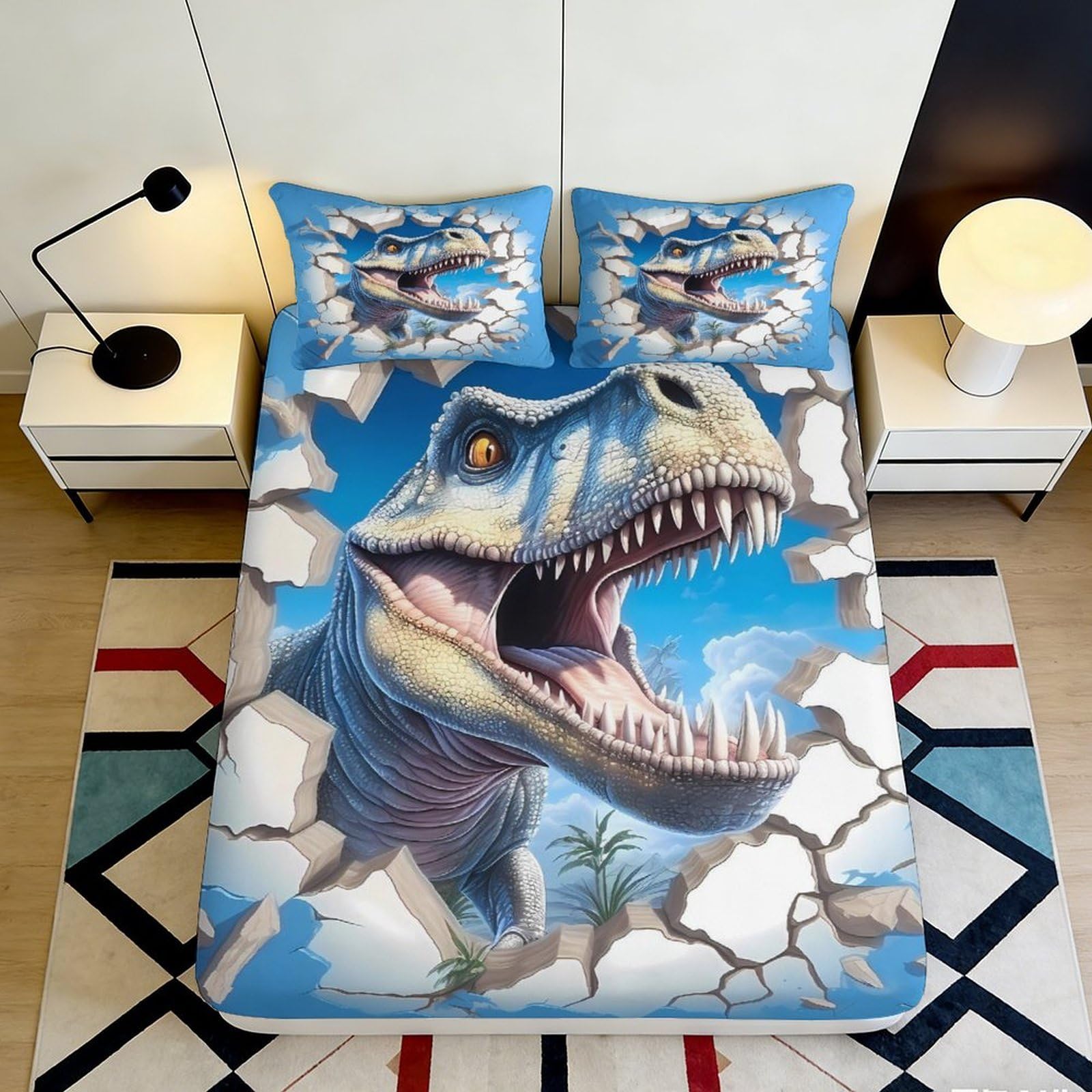3D Printed Dinosaur Fitted Sheet Microfiber Soft Breathable Blue T-Rex Bed Cover for Bedroom Dormitory Guest Room Mattress Protection Decor 160x200x25cm
