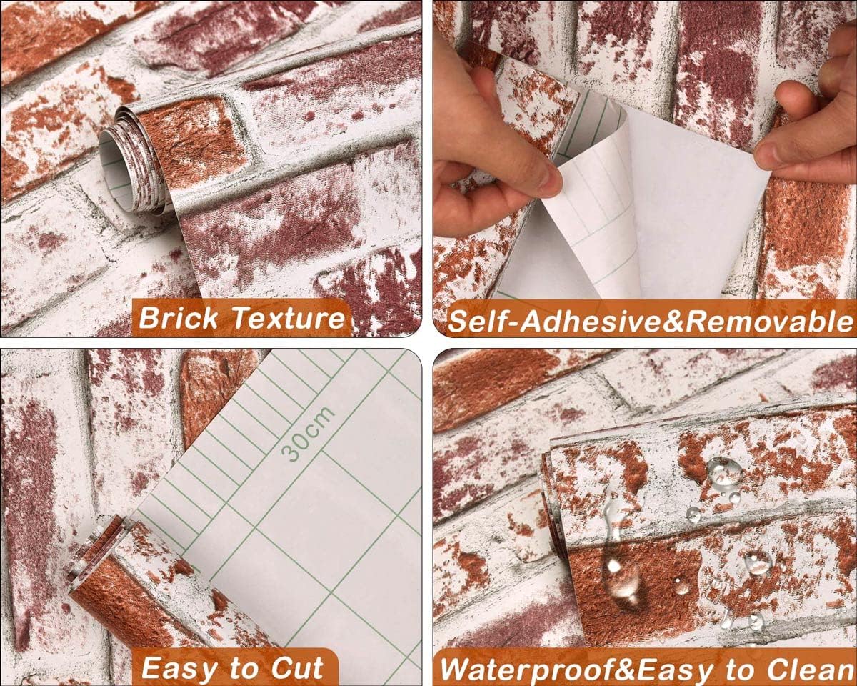 Cohoo Home Red Brick Wallpaper Peel and Stick Contact Paper for Walls Faux 3D Brick Self-Adhesive Removable Wallpaper for Kitchen Backsplash Wall Paper for Bedroom Bathroom Waterproof 17.7inW 393inL