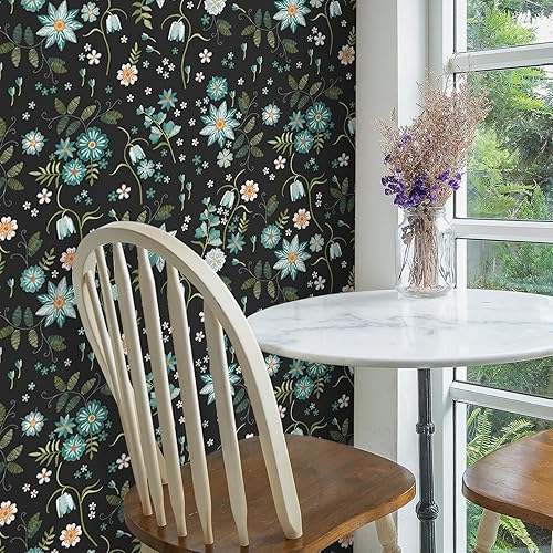 Miniatura 3 de VaryPaper Papel tapiz floral negro de 17.7 x 78.7 pulgadas, diseño de copos de nieve y flores, papel tapiz autoadhesivo extraíble, papel de contacto