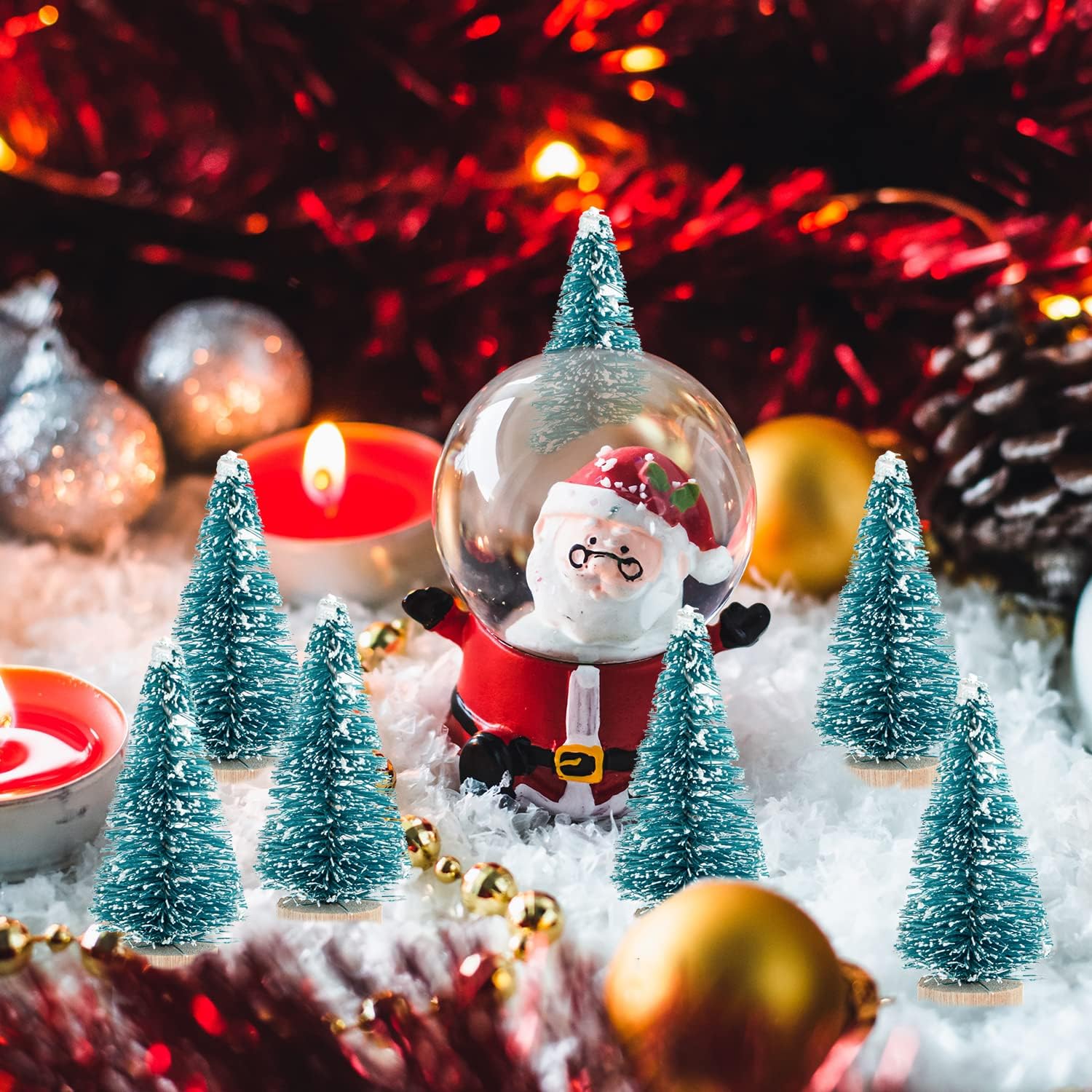 72 Pcs Mini Artificial Christmas Sisal Snow Trees with Wood Base, Blue-Green - Image 4