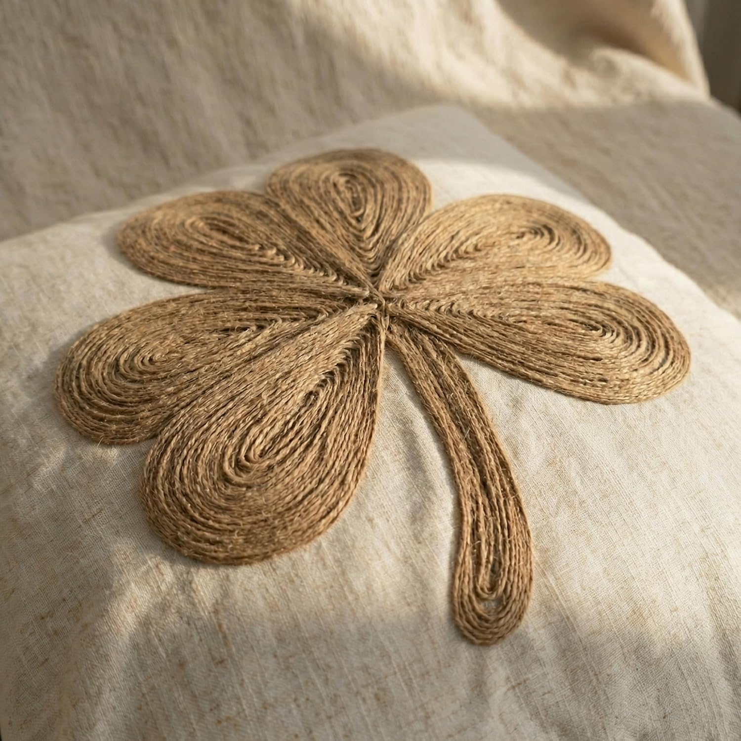 Rustic St Patricks Day Throw Pillow Cover with Embroidered Jute Twine Leprechaun Hat Design, Neutral Brown Clover Pillow Case for Farmhouse Couch Sofa, 18x18 inches, 1PCS