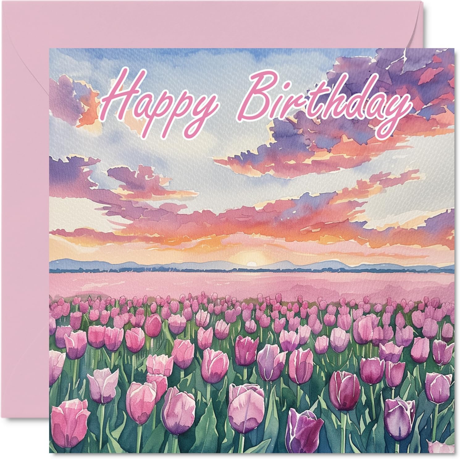 Birthday Cards For Women Men - Watercolour Tulips - Happy Birthday Card for Mum Dad Brother Sister Uncle Auntie Cousin Grandad Nanny Friend 145mm x 145mm Bday Greeting Cards