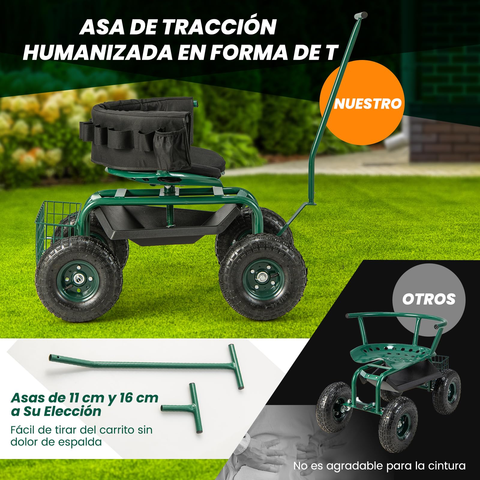 COSTWAY Asiento de Jardín con Ruedas, Carrito de Jardín con Asiento de Trabajo, Ajustable en Altura con Asiento Giratorio de 360° y Cojín, 2 Asas de Dirección, Taburete Móvil de Trabajo de Jardinería