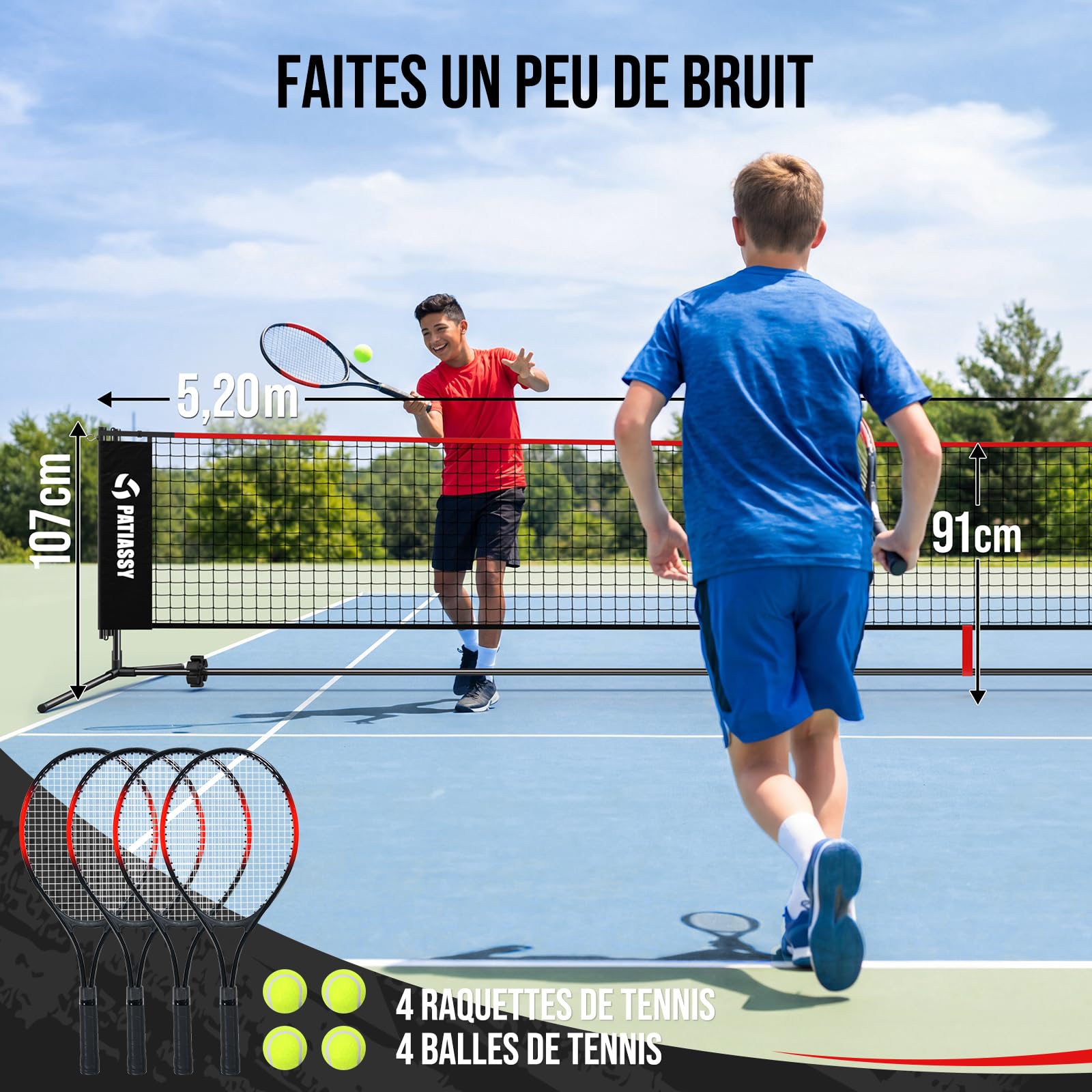 Filet de Badminton, Filet de Volley de 520 cm, 3 hauteurs Peuvent être ajustées, Ensemble Portable pour Le Tennis, à l'intérieur et à l'extérieur, Loisirs idéal pour Enfants et Adultes