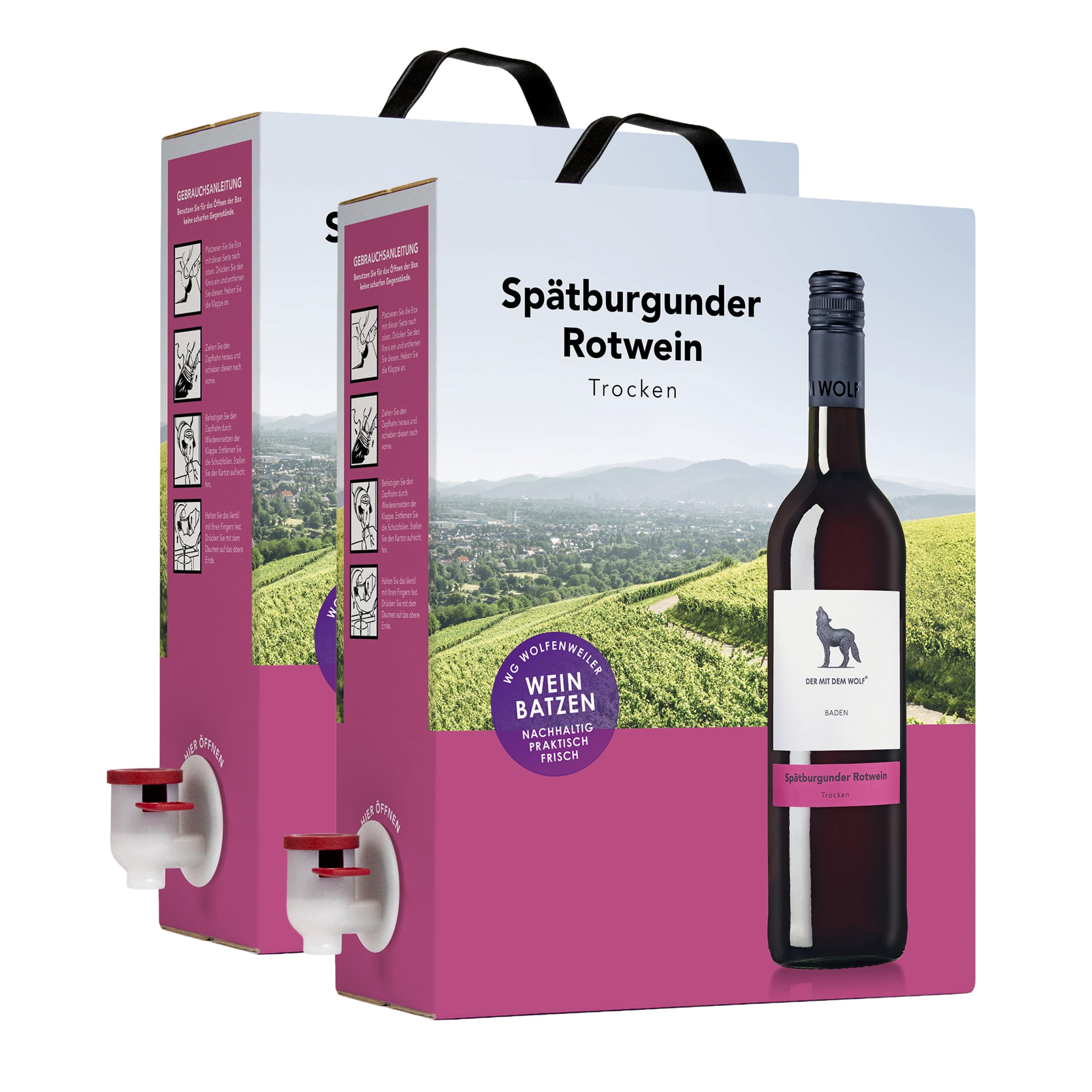 Wolfenweiler Wein-Box Spätburgunder trocken - Rotwein 3 Liter - Qualitätswein mit fruchtigen Aromen von Kirsche, Brombeere und Holunder aus Baden (2 x 3,0 l Bag-in-Box)