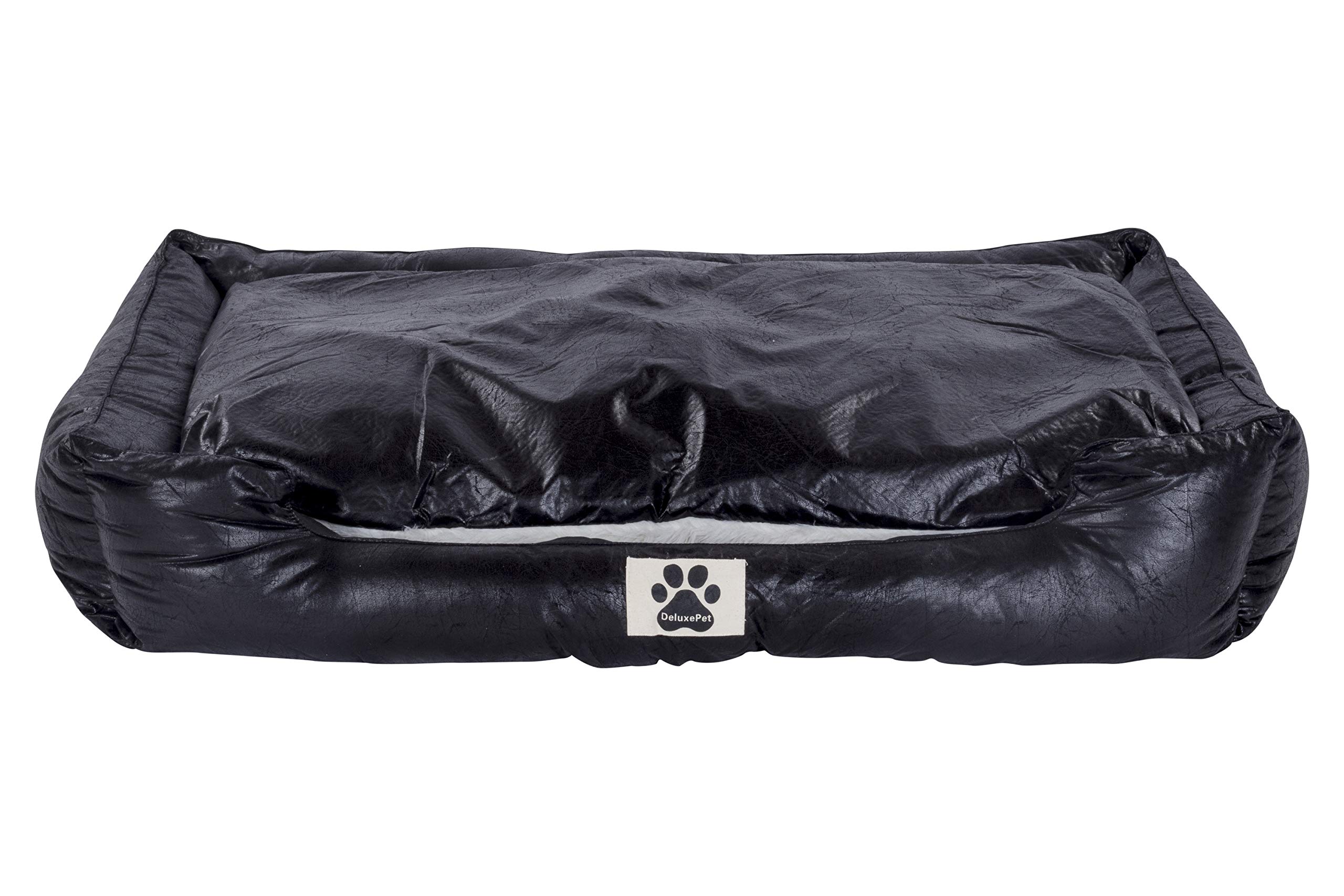 DeluxePet 'Schlummer' Hundebett schwarz 120x80 aus Kunstleder mit 2in1 Wendekissen, Hundekissen für große Hunde mit einer Fell und Leder Seite, Seiten weich gepolstert, Anti-Rutsch Rückseite