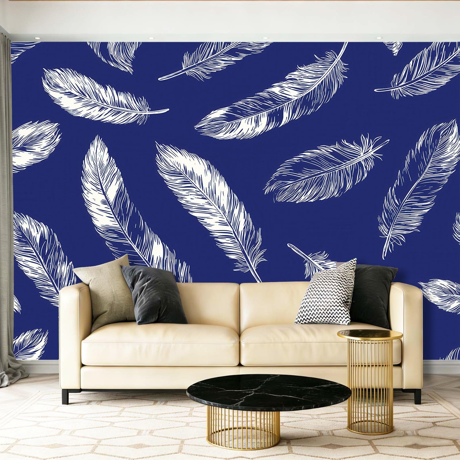 Fototapeta 300 x 210 cm ściany dekoracja salonu projekt minimalizm pióra tekstura do sypialni salonu tapeta z włókniny, granatowy biały