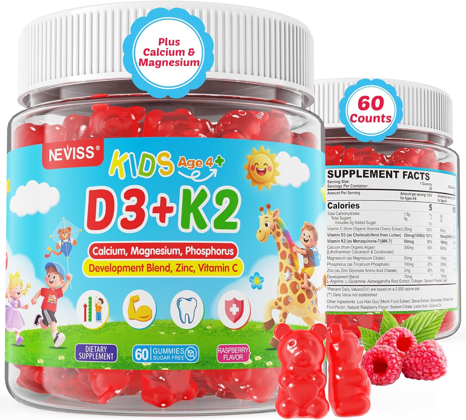 Vitamin D3 K2 Gummies for Kids + Calcium, Magnesium, Zinc, Phosphorus, Vitamin C, Kids Multivitamin D3 & K2 Supplement for Bṏne Health, Calcium Absorption, Focus & Immunity, Non GMO, Sugar Free, 60Cts