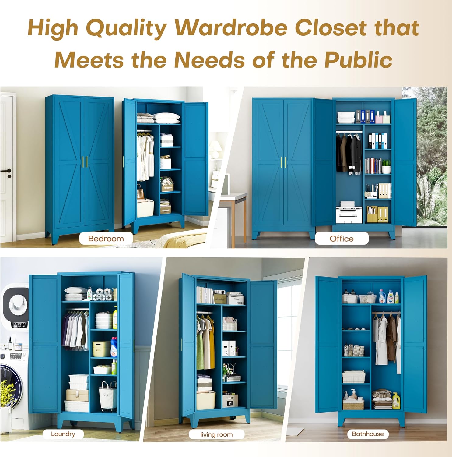 Metal Armoire Wardrobe Closet, 71" Steel Clothing Storage Cabinet with 2 Doors, Hanging Rod & Shelves, Bedroom Armoire Closet, Blue Wardrobe Cabinets for Bedroom