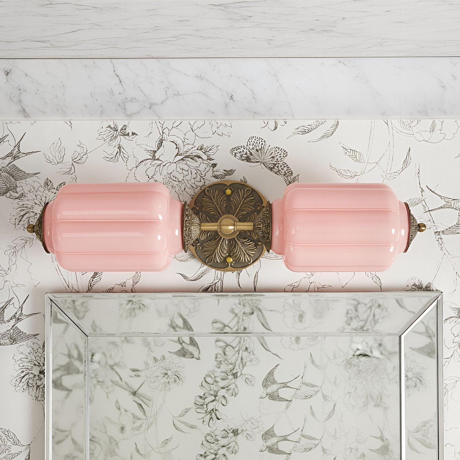 Vintage Vanity Light - 2-Light Wall Sconce with Brass Finish Base & Green Glass Shade - Wall Sconce Lighting for Mirror, Kitchen, Living Room, Gallery (Bulbs Included) (Pink)