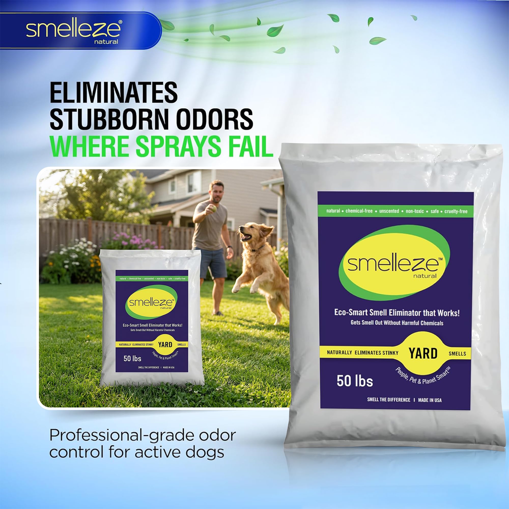 SMELLEZE Desodorante natural para eliminar olores de patio y hormigón: 50 libras. Los gránulos eliminan el olor de orina y heces de mascotas al aire libre. Larga duración. Seguro para personas,