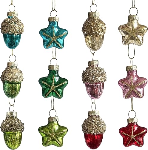 Juego de 12 adornos navideños de bellota y estrella de cristal de mercurio con purpurina, mini adornos colgantes decorativos para Navidad, juego de