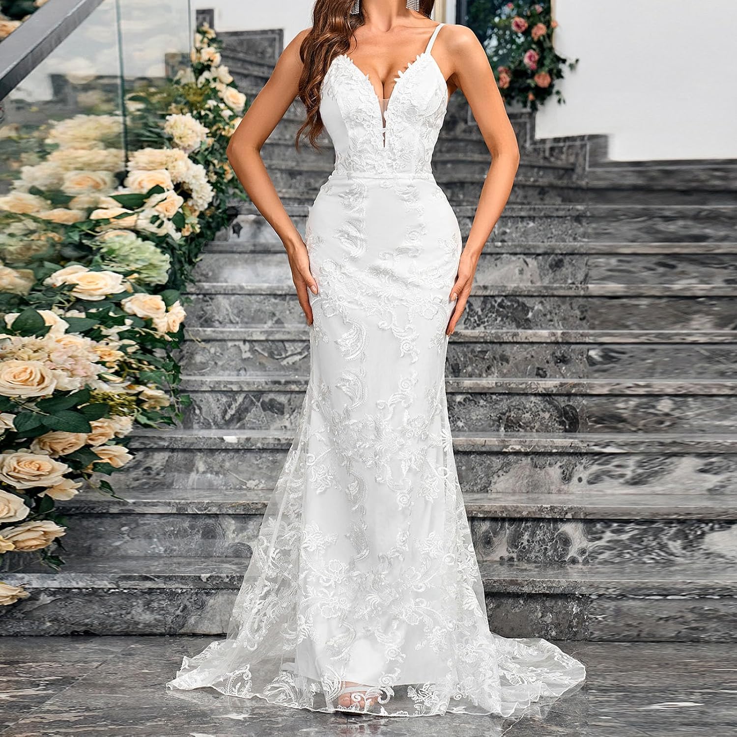 Lace Mermaid Wedding Dresses for Bride 2024 Summer Beach Tulle Long Bridal Gowns V Neck Backless Bodycon Maxi Dresses