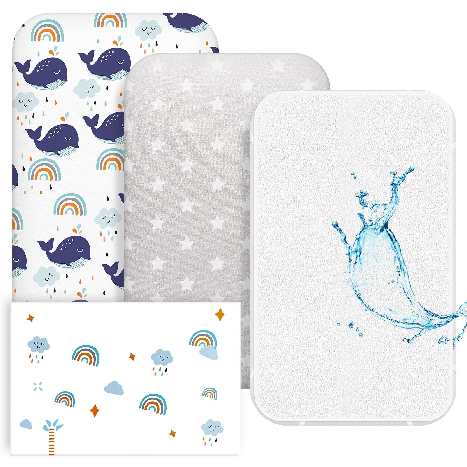 Baby Spannbettlaken 70 x140cm, 3er Set Spannbetttuch für Babybett & Kinderbet, 2X Spannbettlaken Oeko-Tex Standard 100, 1X Matratzenschoner aus 100% wasserdichtem (Wal + Grauer Stern)