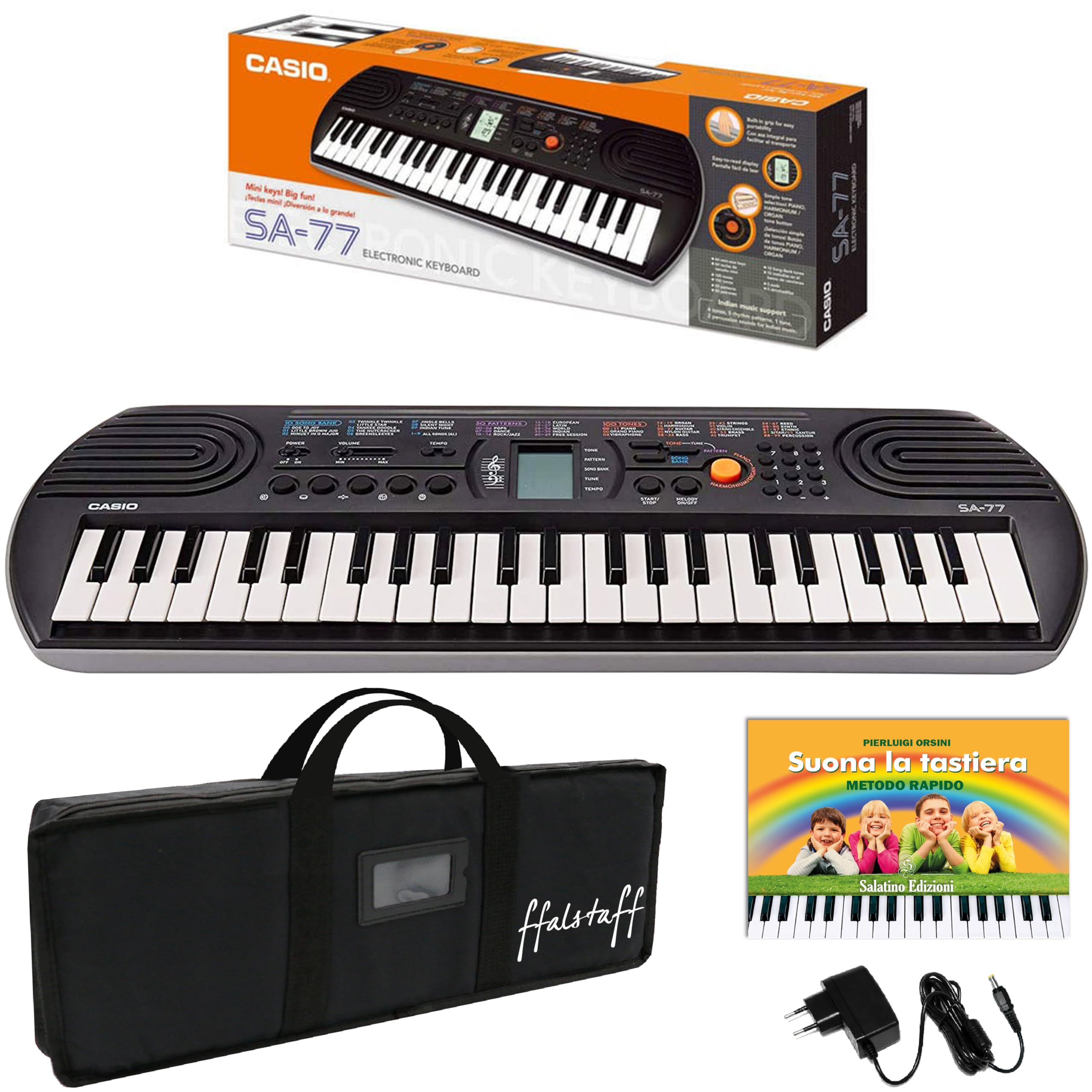 Kit Pianola Tastiera SA 77 (Fondo Grigio) con Borsa ffalstaff imbottita, Alimentatore e E-book "Suona la Tastiera"