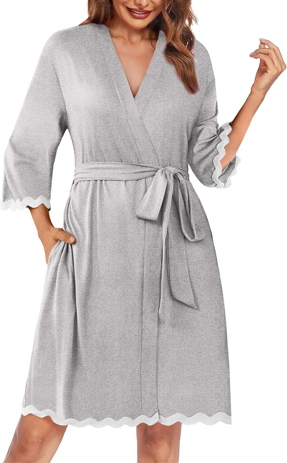 Ekouaer Women Kimono Robe 3/4 Sleeves Loungewear Dress Knee Length Sleepwear Pockets Housecoat Short Bathrobe S-XXL