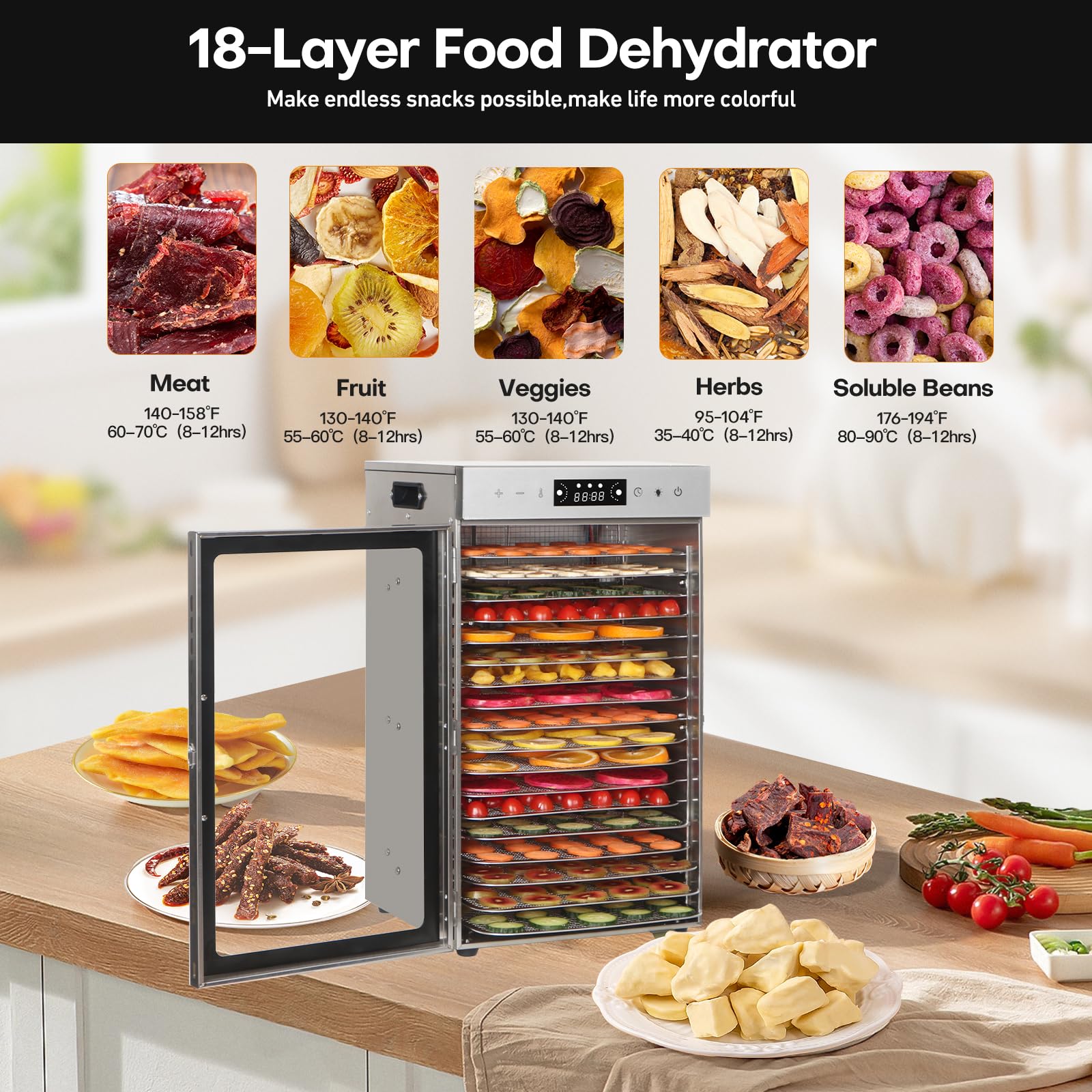 Panana Food Dehydrator Machine, Dehydrators for Jerky, Stainless Steel Dehydrater for Fruits, Vegetables, Herbs, Mushroom, Dog Treats, Dehydrators Christmas Gift, New Year Gift (New-18 Trays)