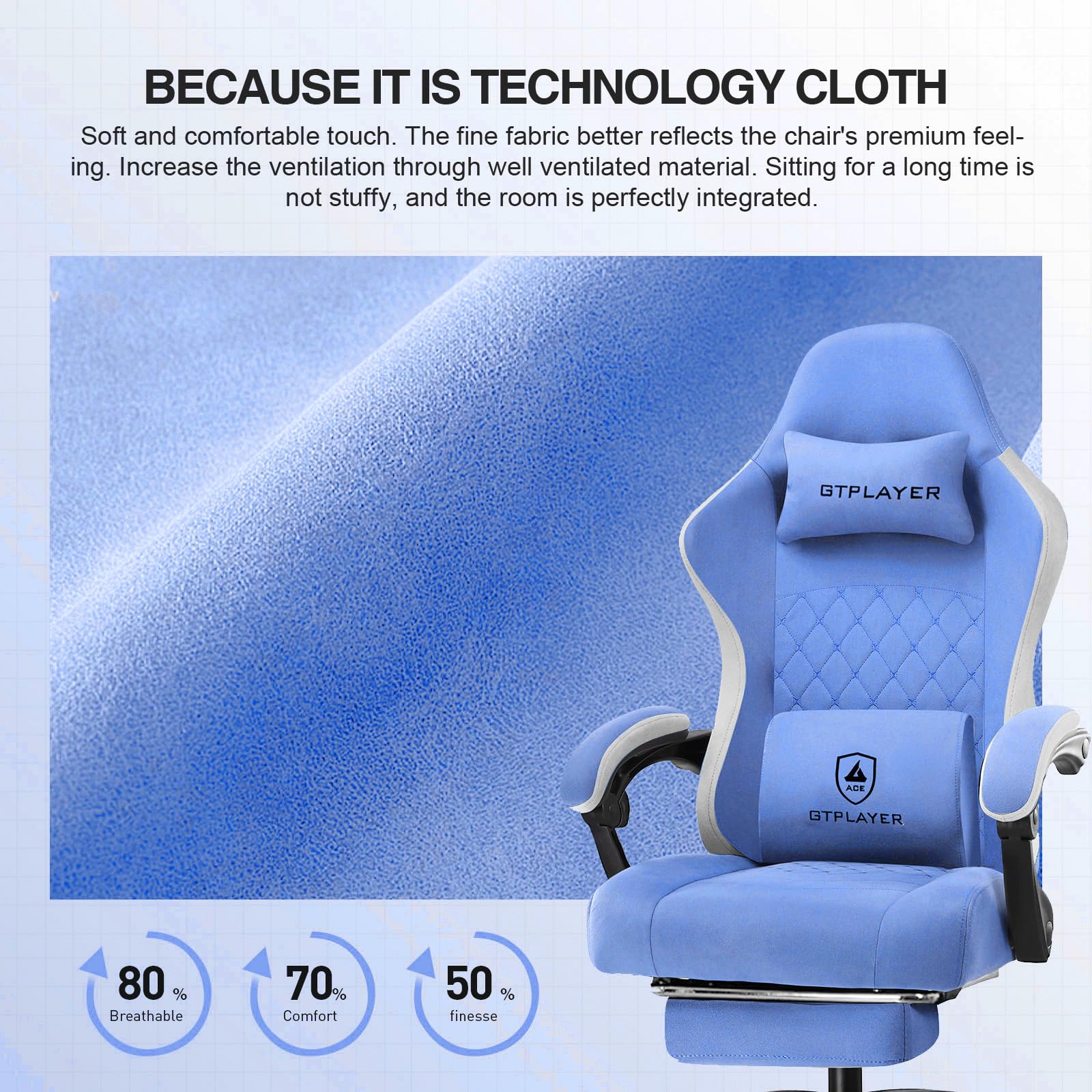 GTPLAYER Silla para Juegos, Silla de computadora con reposapiés y Soporte Lumbar, Silla de Juego Ajustable en Altura con Asiento Giratorio de 360° y reposacabezas para Oficina o Juegos, Color Azul