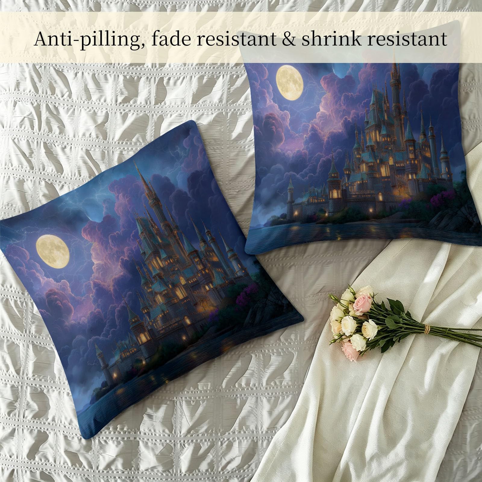Bettdecke ohne Bezug 135x200 cm Blau Traditioneller Tattoo Stil Antiallergisch Leichtsteppbett & Ganzjahresdecke - Waschbar mit 2 Kissenbezügen Schloss Vollmond Blitz Weiche und Atmungsaktive Wende