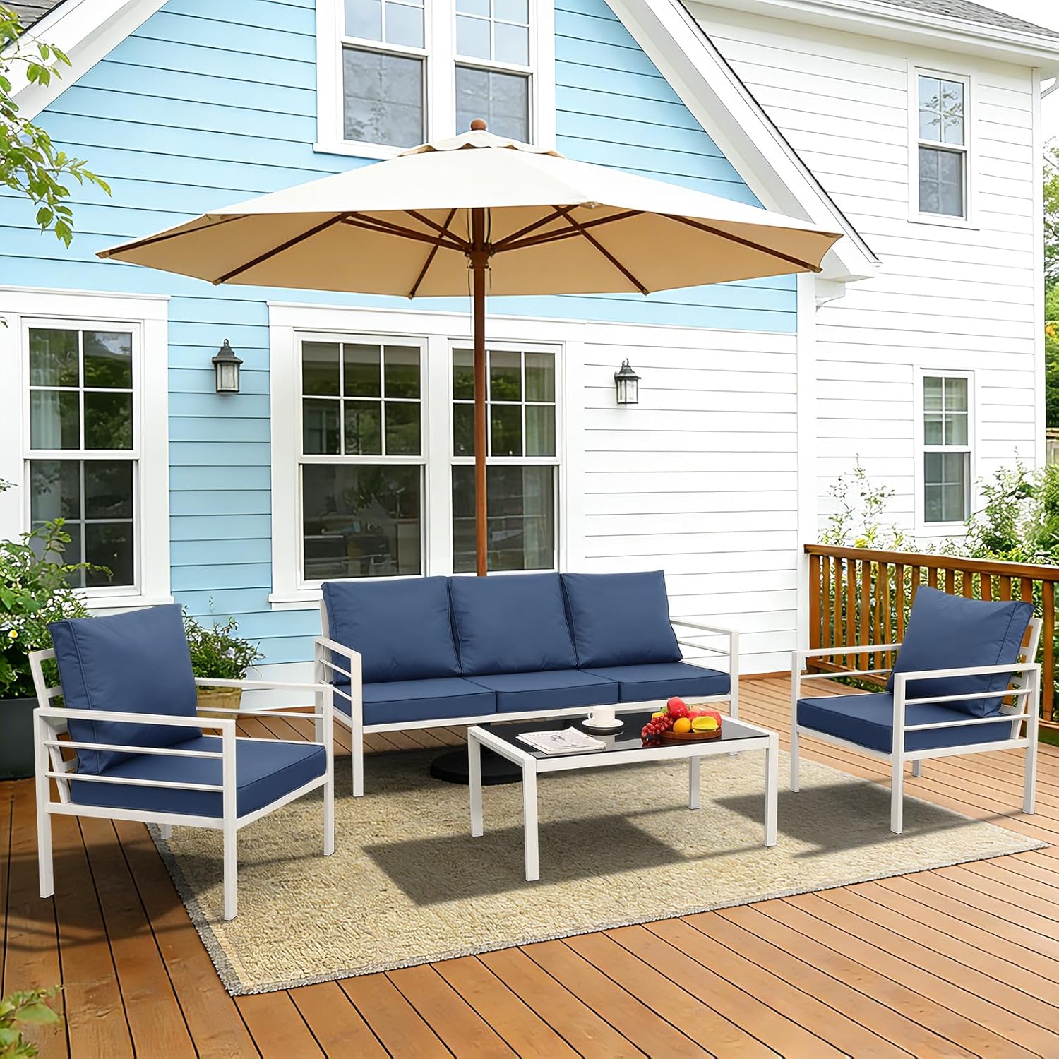 Patio Furniture Set 4 Pieces Outdoor Furniture White Metal Frame Patio Couch Outdoor Chairs Glass Coffee Table with No-Slip Cushions and Waterproof Covers, Navy Blue