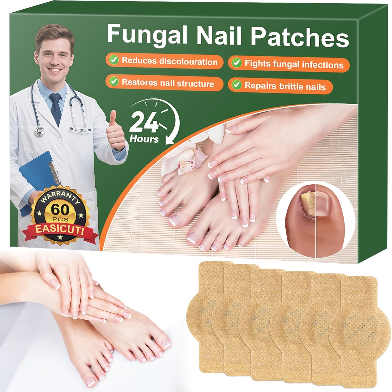 EASICUTI Fungal Nail Patches, 60 PCS Toenail Fungus Treatment Extra Strong, Overnight Nail Repair for Damaged Nails Restores Healthy Appearance of Discoloration, Ingrown & Thickening Toe Nails - Amazon product rated Grade B