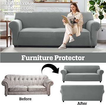 Hafaa High Stretch Sofa Cover 3 Seater Jacquard Spandex Non Slip Grey Sofa Slipcovers Elastic Fit Couch Covers for Living Room Soft Washable Furniture Protector for Pets/Kids/Dogs