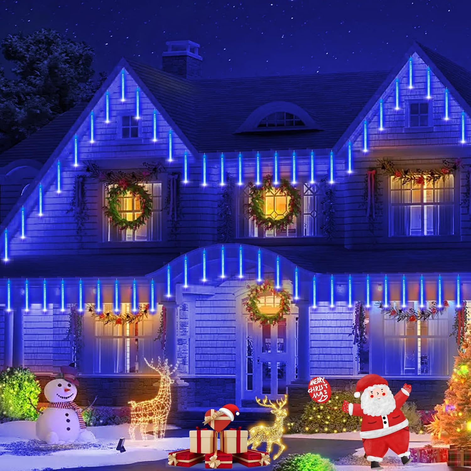 YEGUO 2 Packs Solar String Lights Outdoor, 16 Tubes 288 LED Meteor Light for Party Tree Holiday Roof Wedding(Blue)