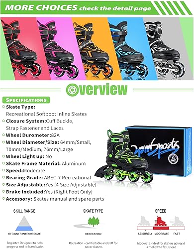 Miniatura 6 de 2PM SPORTS Torinx Green Boys Adjustable Inline Skates, Fun Beginner Roller Skates for Kids, Youth, Girls, Men and Women