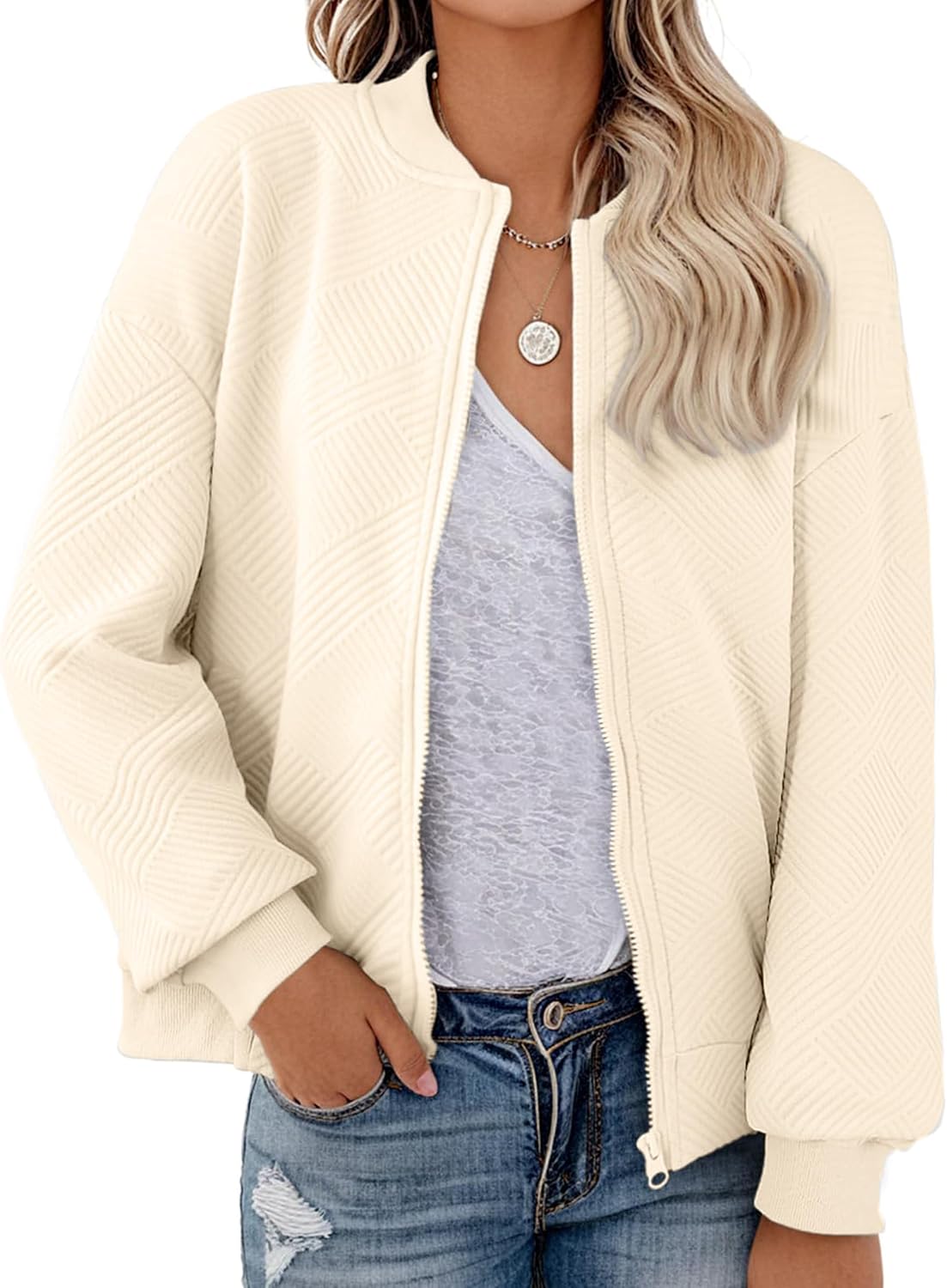 Womens Bomber Jacket Casual Coat Lightweight Zip Up Outerwear with Pockets