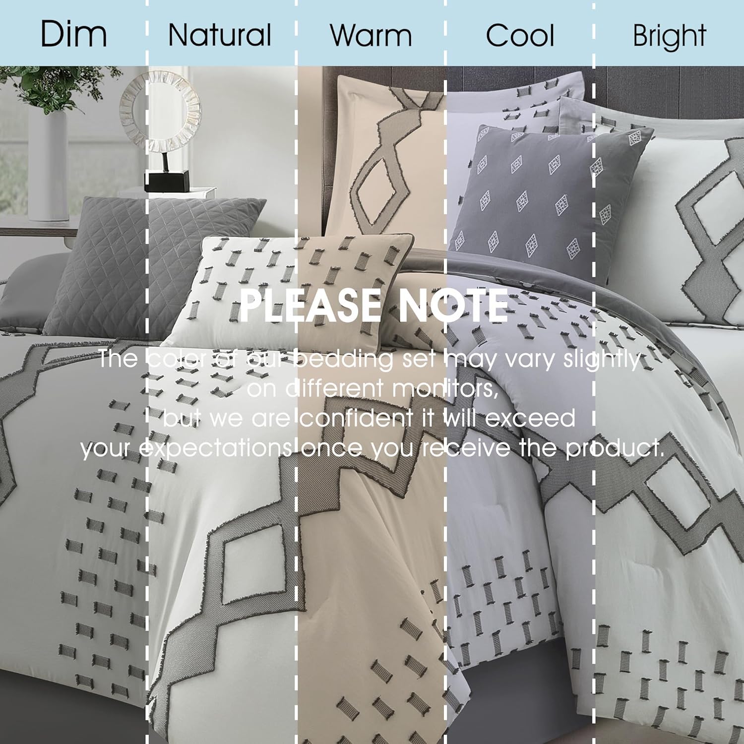 LANCO MODERN LIFESTYLE 7 Piece Grey and White Comforter Set, Queen, Boho Home Decor, Geometric Clip Pattern Bedding Set for All Seasons, Bed in a Bag, Bedskirt, Shams and Decorative Pillows