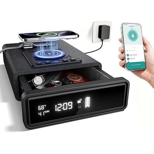 Smart Biometric Gun Safe with Wireless Charging, Bluetooth App Control, 4 Unlock Methods, Bedside Drawer Safe LED Display,Money Box for Valuables, Valentines Day Gifts for Him