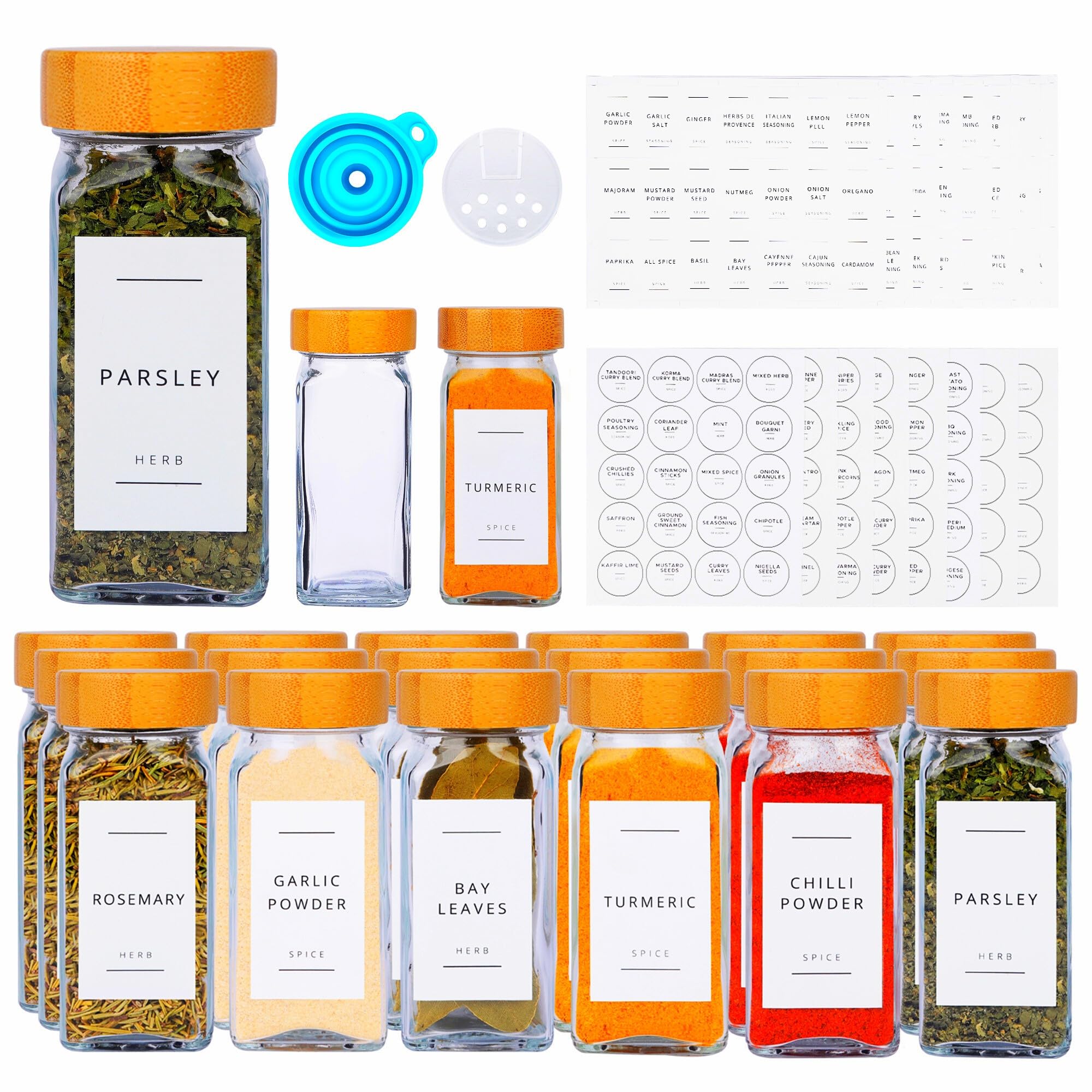 Fix Space 24PCS Jar Set - 4oz Square Glass Jars With Bamboo Lids, Waterproof Labels Stickers For Herbs, s & Seasoning - Kitchen Storage & Organisation With Lids And Labels