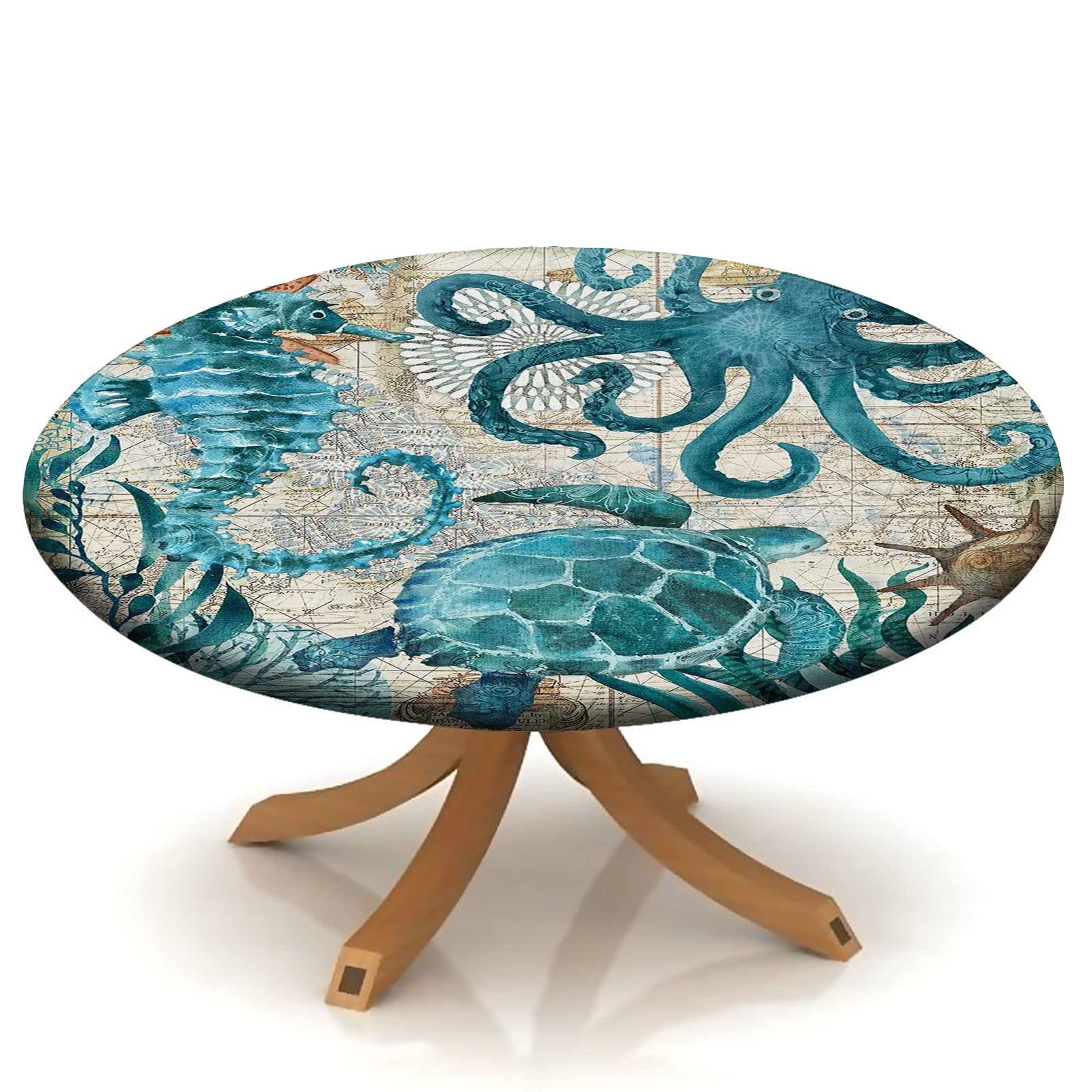 Blue Green Octopus Fitted Tablecloth Round Ocean Turtle Theme Elastic Edge Table Cover, Polyester Table Pad Cloth for Indoor Outdoor Party Dinner Patio Decor Fits Tables Up to 52