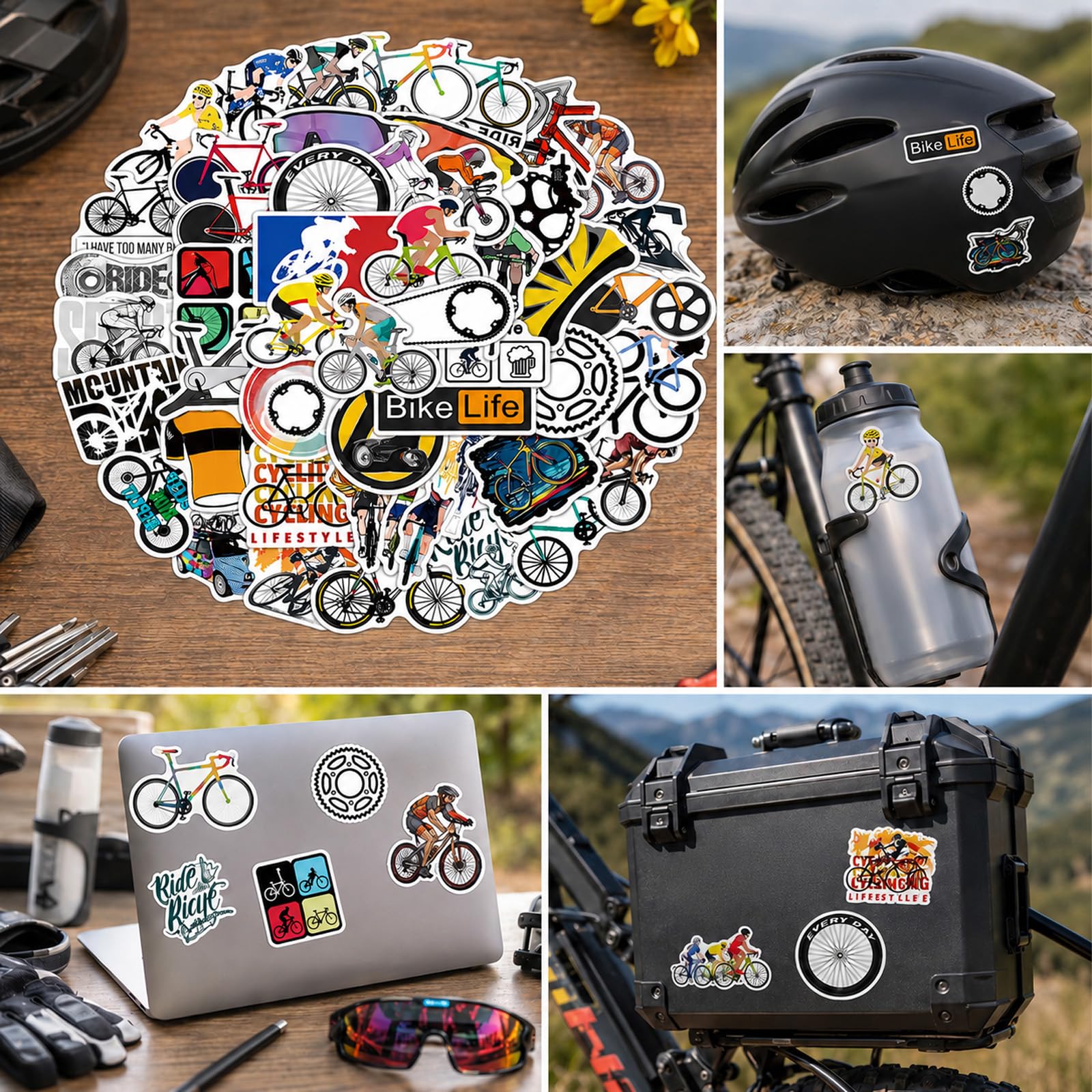 Zestaw 60 naklejek na rower – winylowe naklejki na kask, ramę, butelkę z wodą, walizkę, skuter, meble, wodoodporne, na rower MTB, rower wyścigowy, BMX, personalizacja, dla rowerzystów