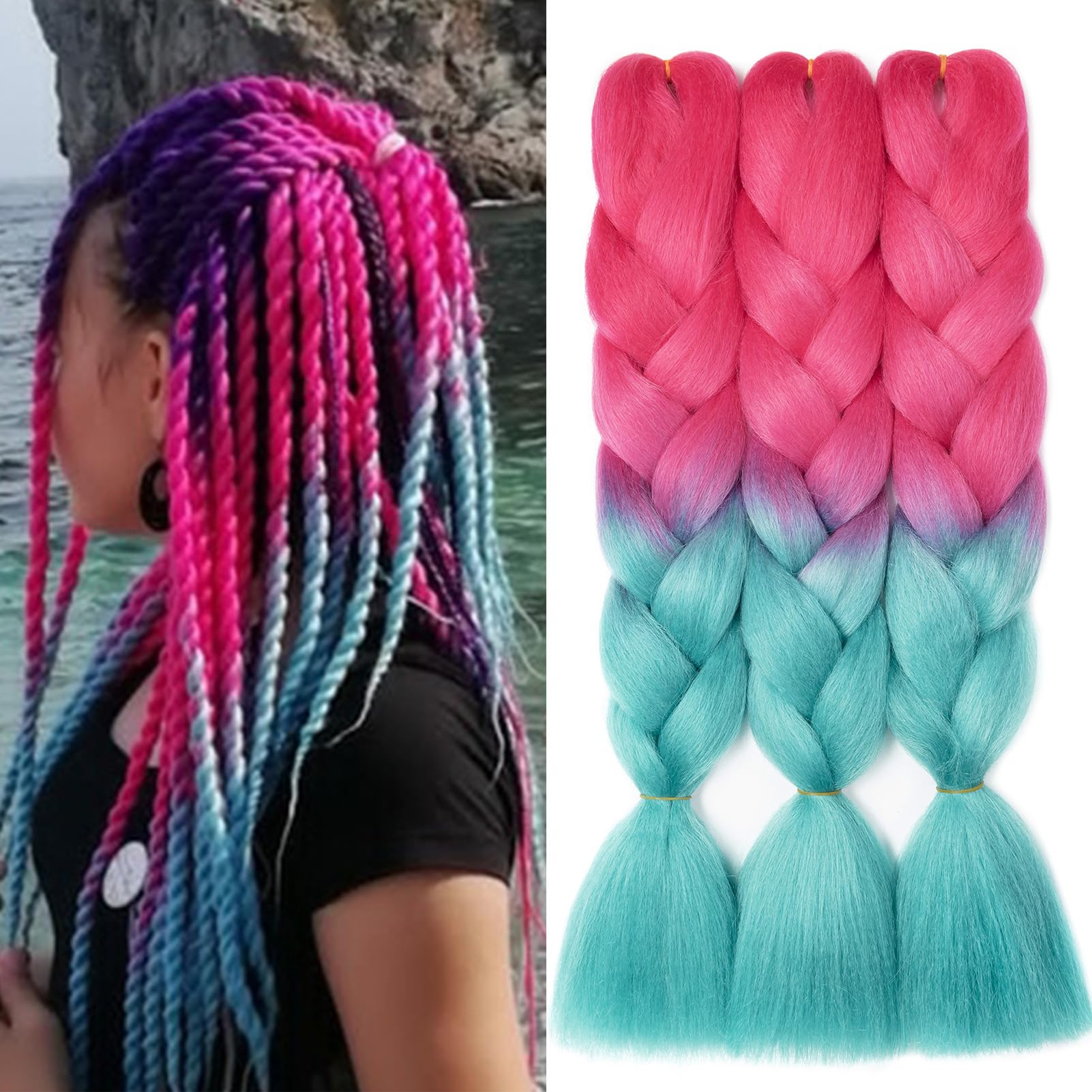 Dcbaboo Jumbo Braiding Hair Extensions 3 Packs 24 Inch Synthetic Kanekalon Ombre Afro Crochet Braids Twist 300g - Hot Pink Blue
